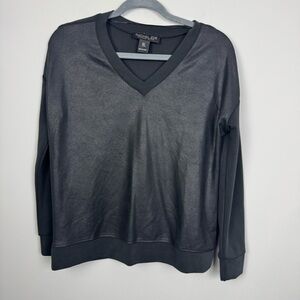 RACHEL ZOE | Black Faux Leather Look V-Neck Long Sleeve Top Women’s Size Small